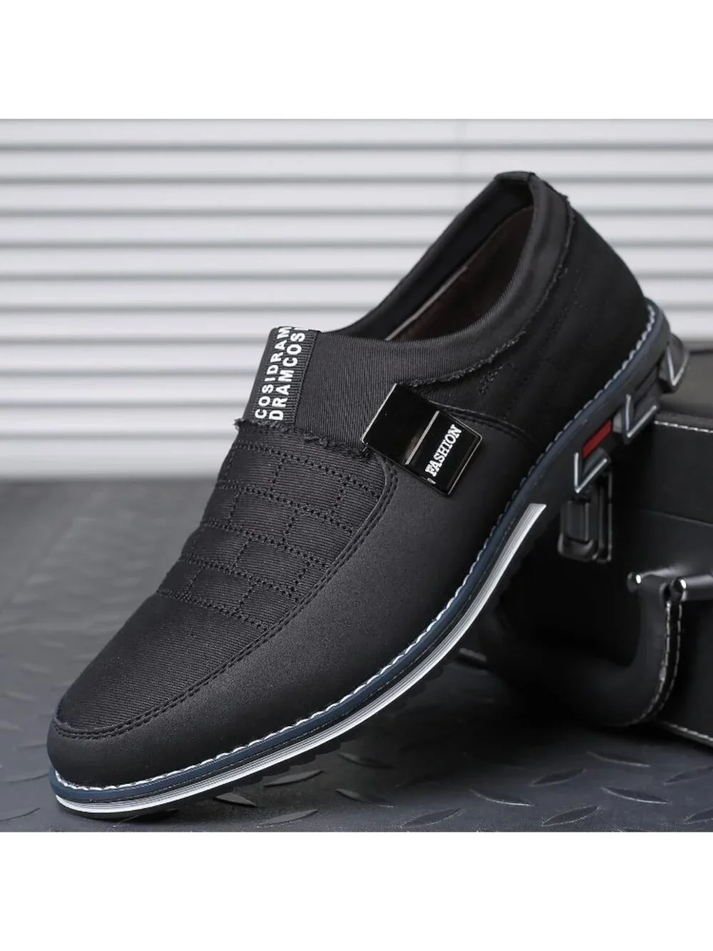 Men's Black Grid Textured Two-tone Flexible Business Derby Oxfords Dress Sneaker